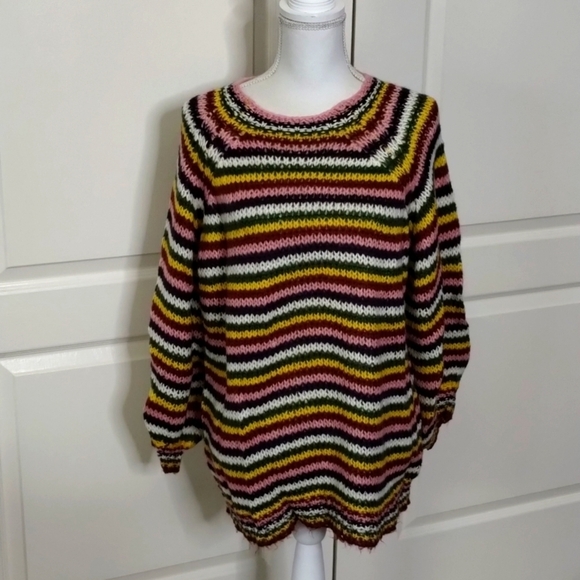 Jodifl multicolor Striped oversized sweater puff sleeve size large green yellow - Picture 1 of 14